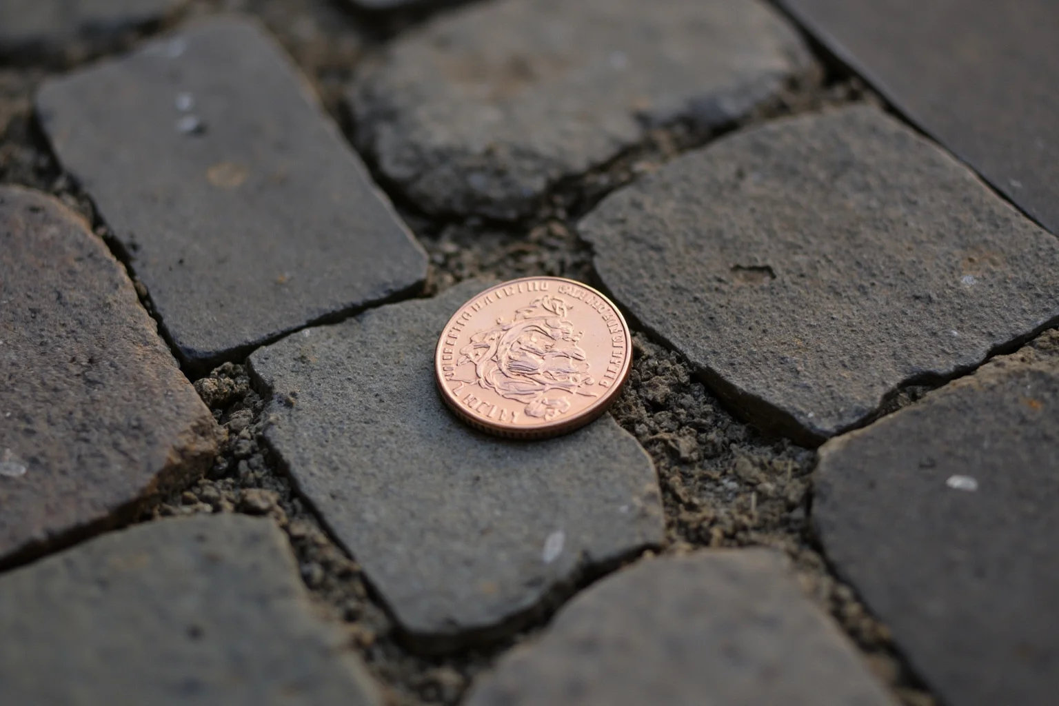A single shiny copper penny lying on old cobblestone pavement