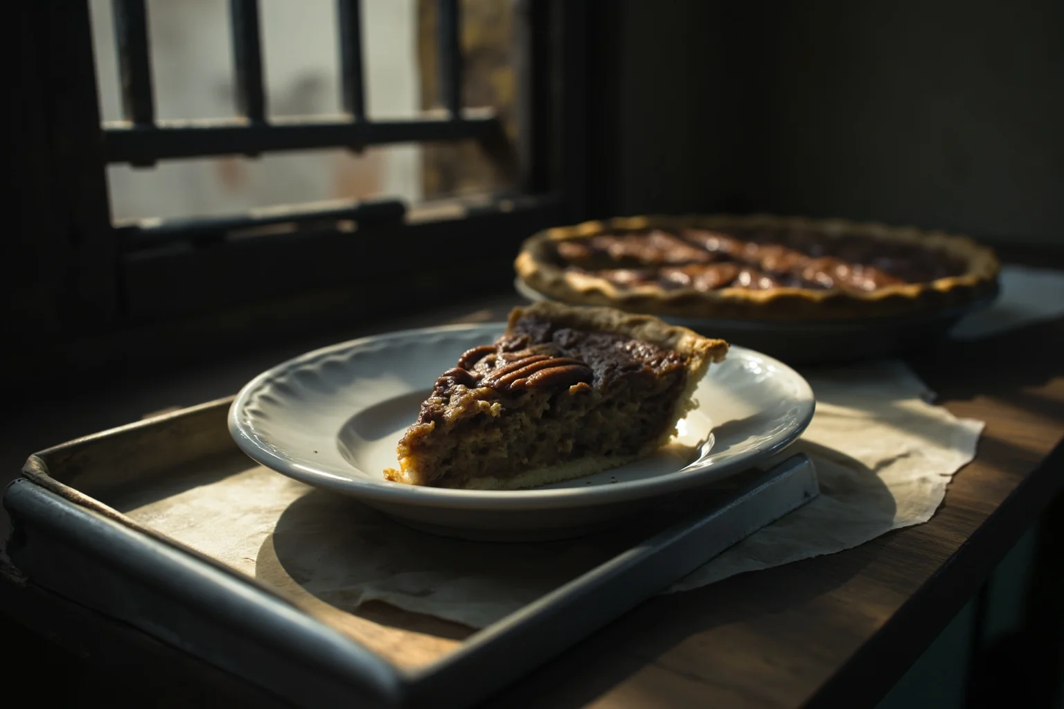 25 Disturbing Last Words By Notorious Criminals 11 A single untouched slice of pecan pie on a prison tray beside a barred window, quiet and melancholic still life