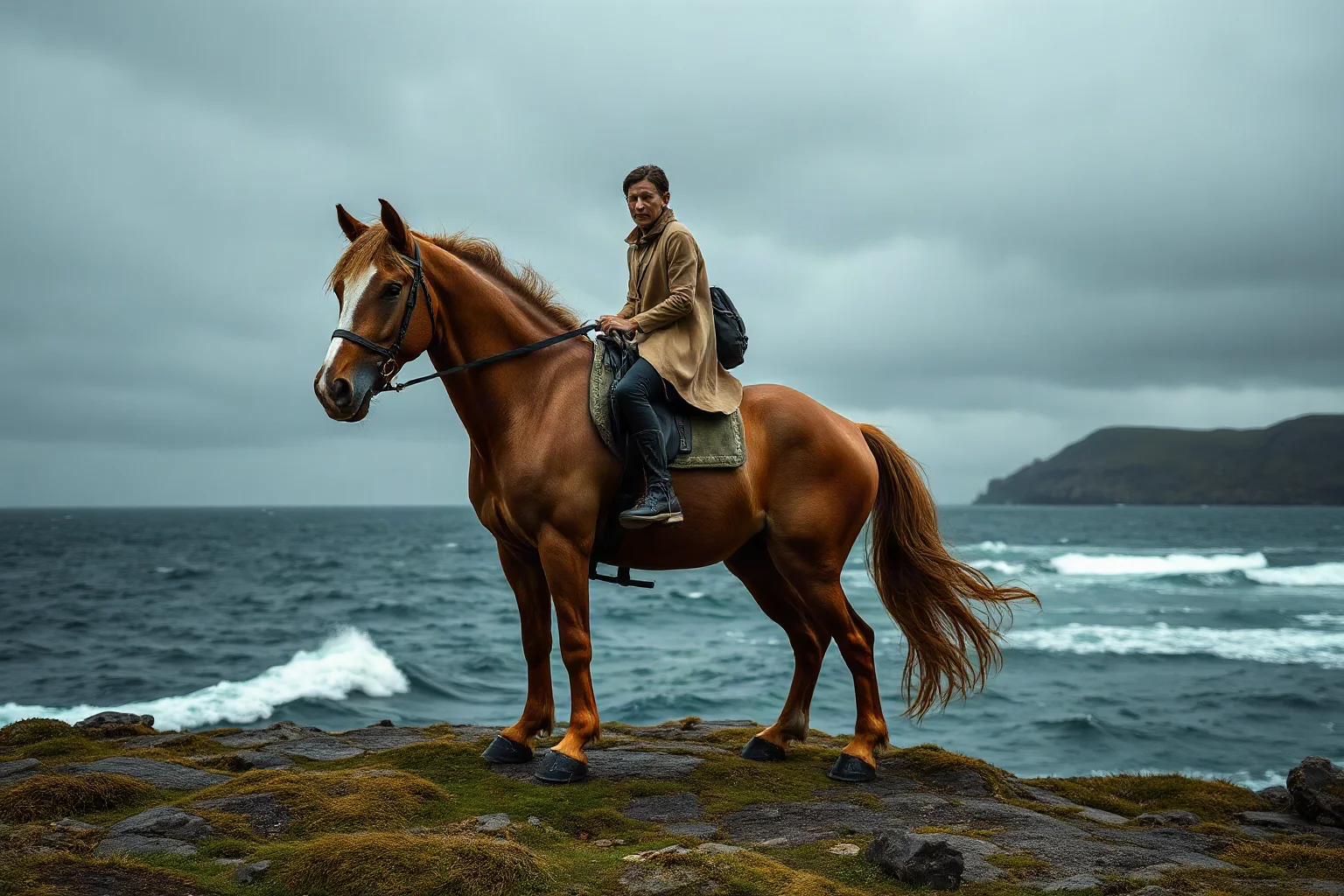 A skinless horse-and-rider fused creature standing ominously on a windswept Scottish coastline