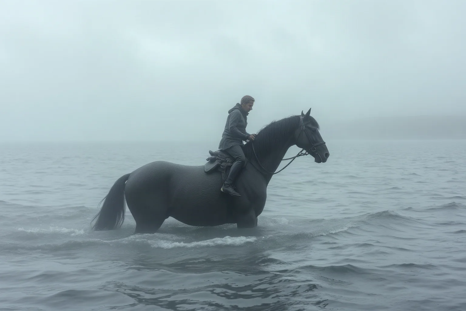 A skinless horse-and-rider fused monster emerging from misty Scottish coastal waters