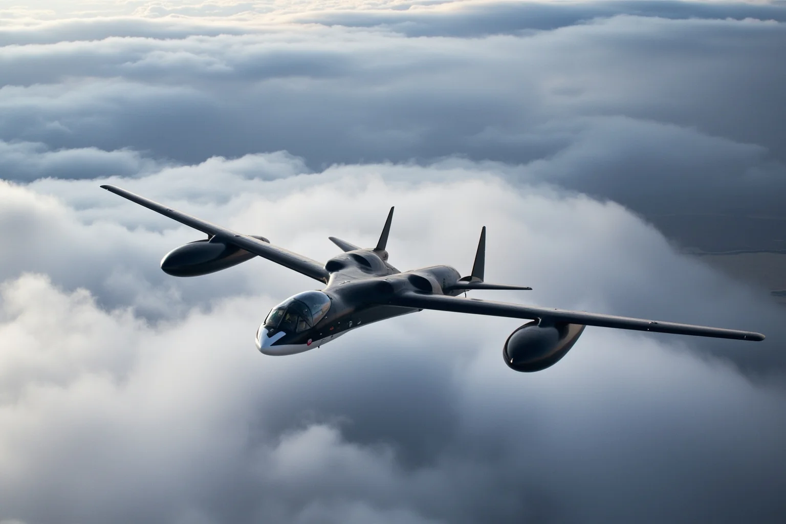 A sleek 1950s U-2 reconnaissance aircraft flying at extreme altitude above cloud cover, dramatic sky
