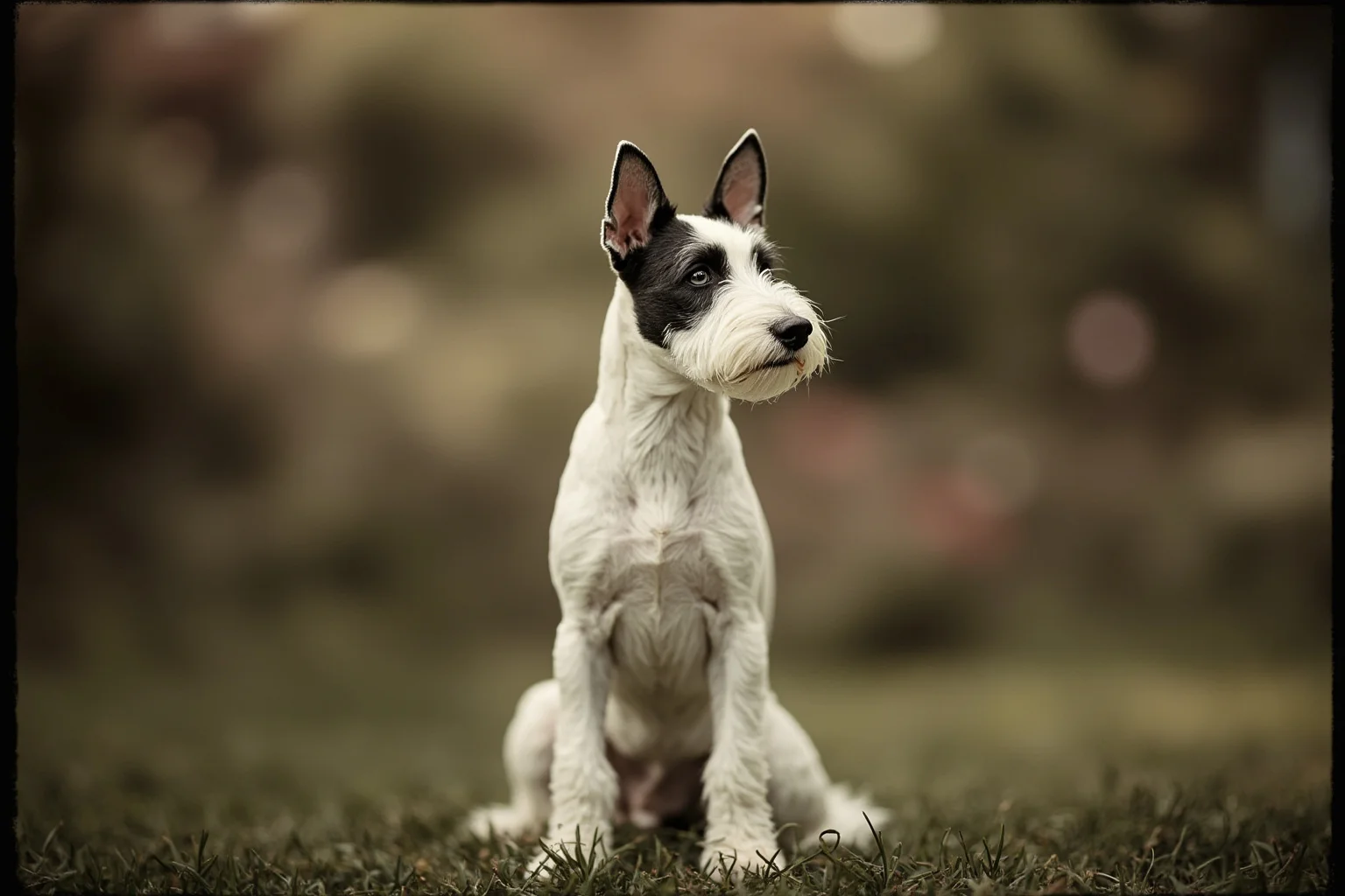 Pooches of the Past: 23 Extinct Dog Breeds and Their Stories 14 A sleek all-white terrier sitting alertly in a Victorian-era garden, antique photograph style