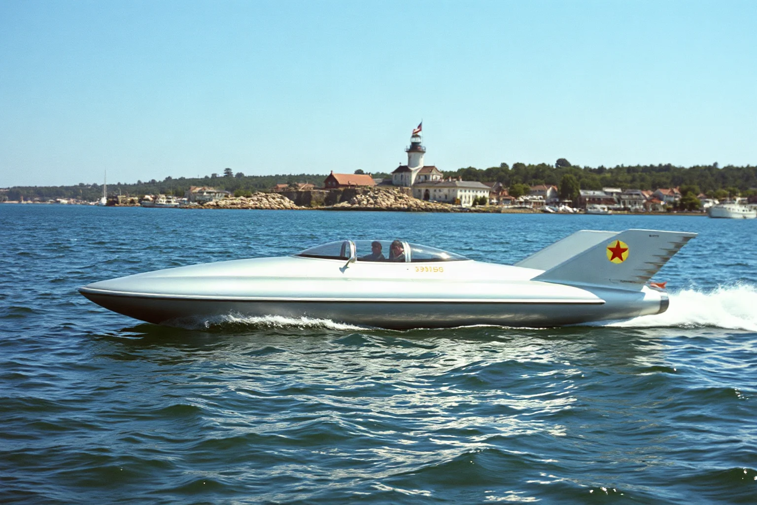 A sleek finned hovercraft gliding just above water near a coastline, 1950s design