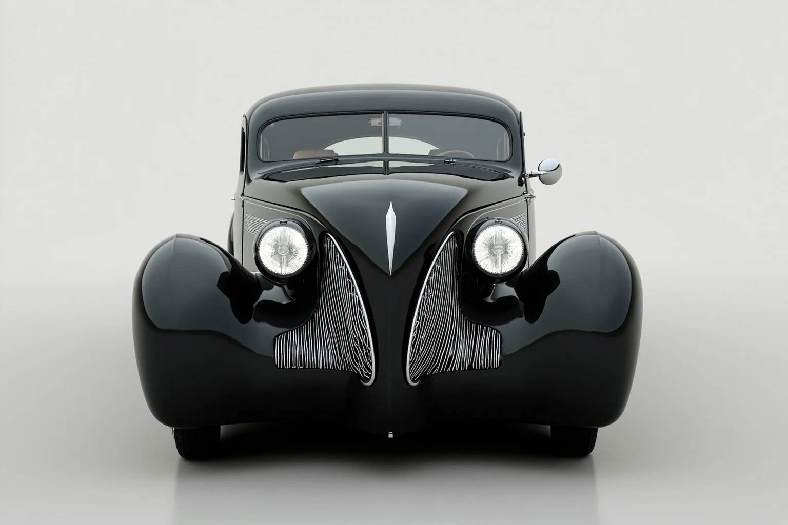 A sleek, futuristic 1940s sedan with a single center headlight and streamlined chrome grille