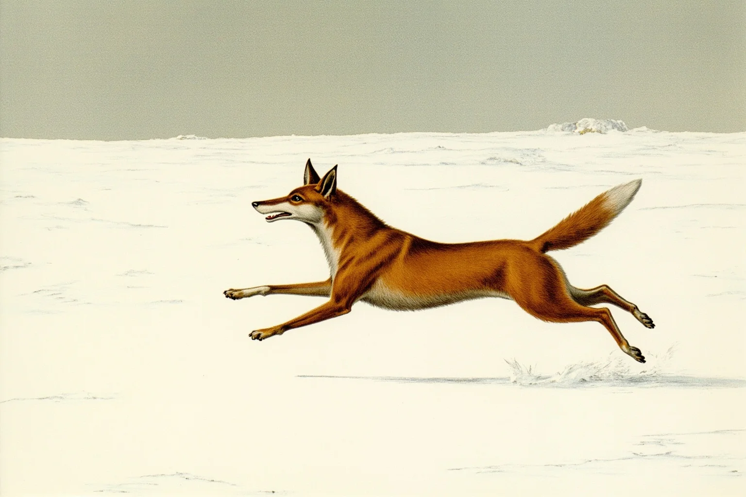 Pooches of the Past: 23 Extinct Dog Breeds and Their Stories 18 A slender fox-like dog running across snowy northern Canadian tundra, vintage naturalist illustration