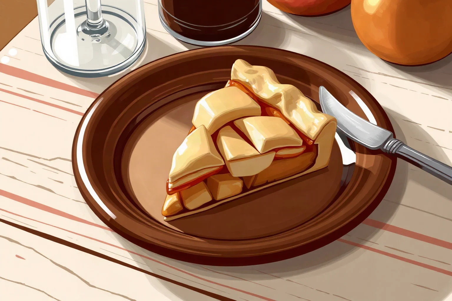 A slice of apple pie with a wedge of cheese on a rustic diner plate, warm Americana illustration