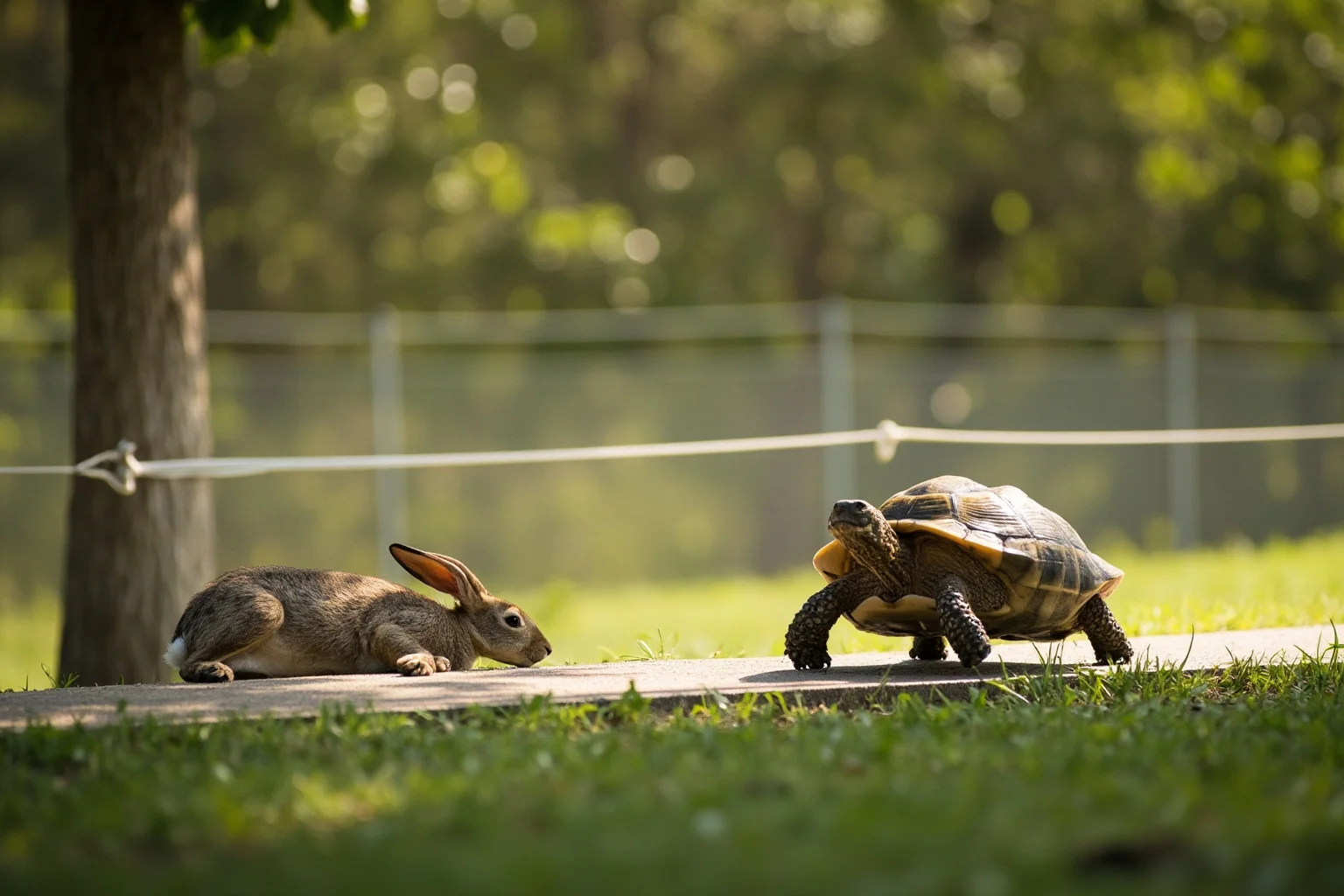 A slow tortoise crossing a finish line while a hare sleeps nearby in the shade of a tree
