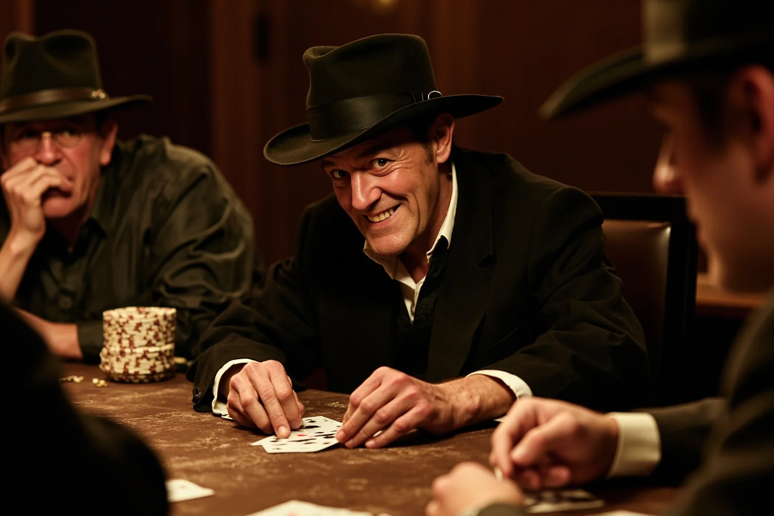 Hilarious Slang Terms From The Wild West 15 A sly-looking card player smirking while shuffling cards at a dusty saloon table, other players looking suspicious