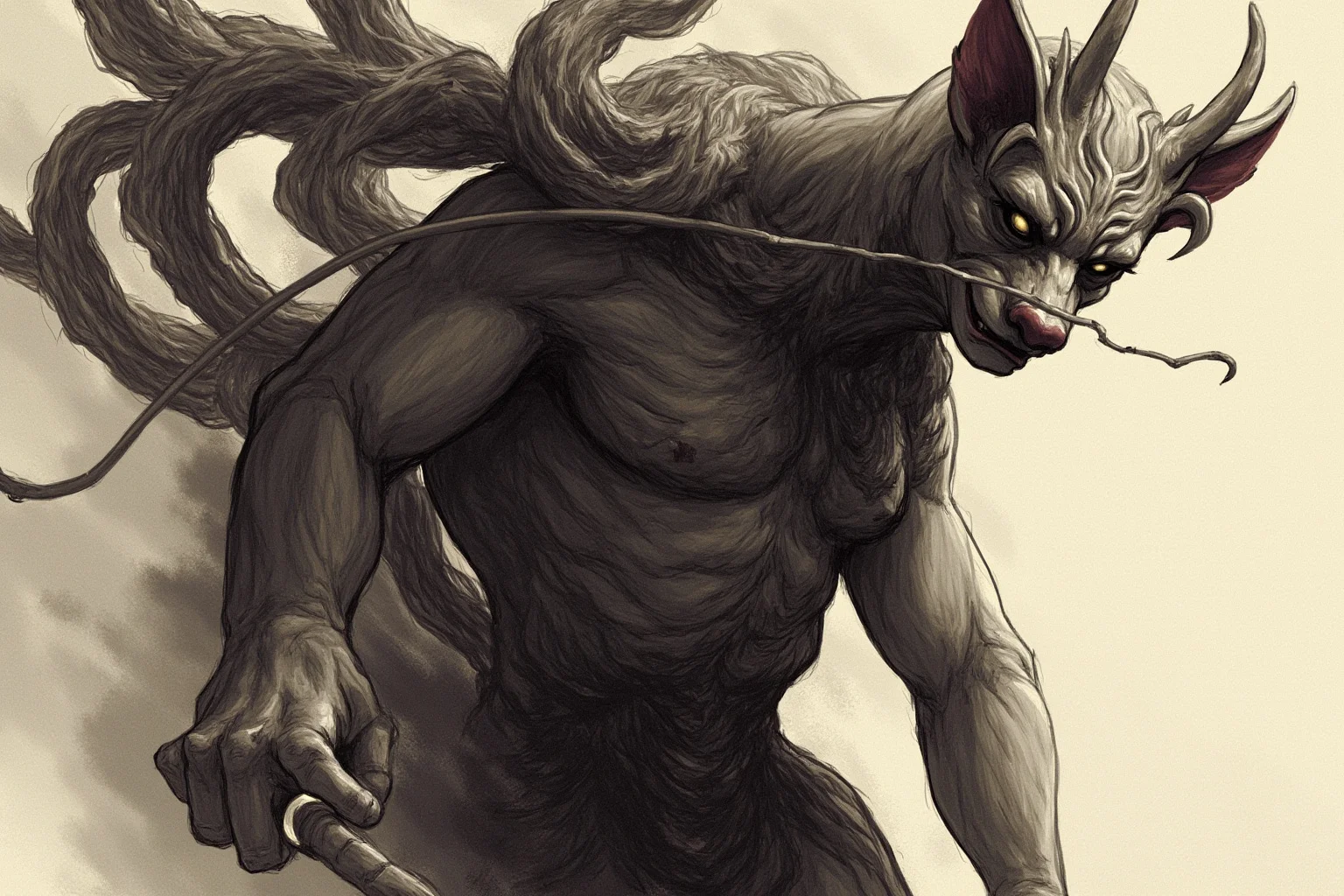 From Thor to Loki: 20 Gods, Goddesses, and Heroes of Norse Mythology 5 A sly shapeshifting figure with a mischievous smile, half in shadow, subtly shifting between human and animal forms, mythological illustration