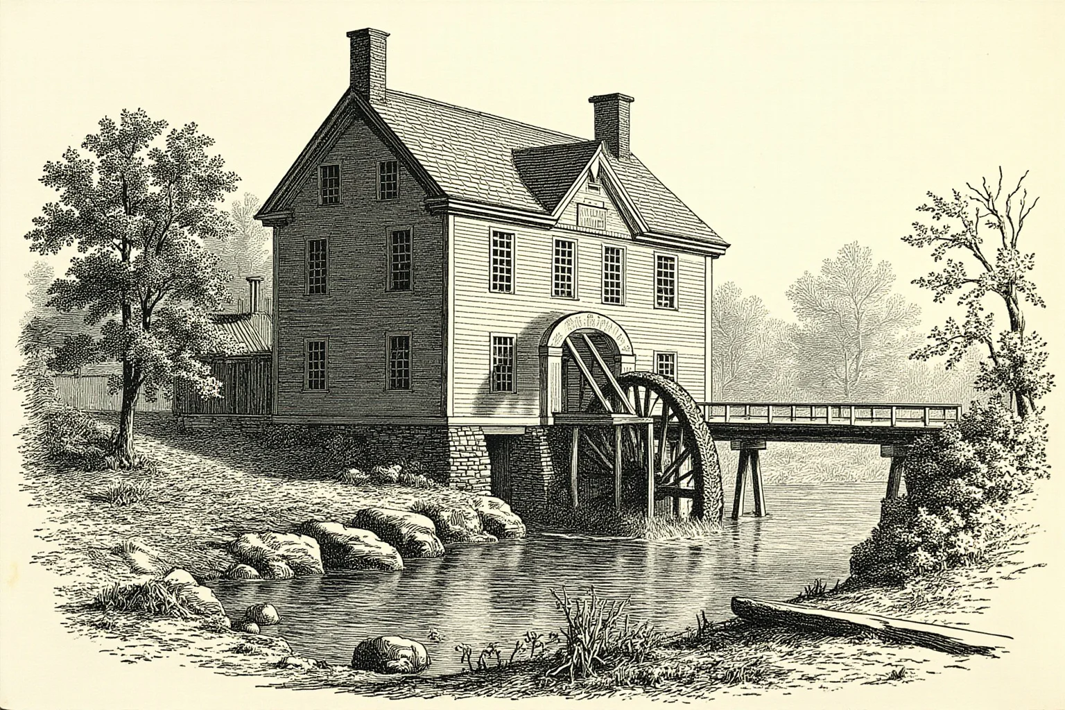 A small 1790s New England textile mill beside a river with a water wheel, illustration style