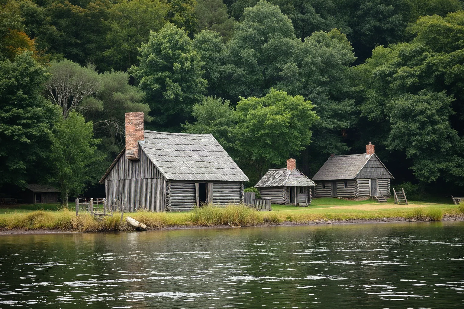 A small 17th-century wooden fort and log cabins by a riverbank surrounded by forest, representing an early English colonial settlement, muted historical color palette.