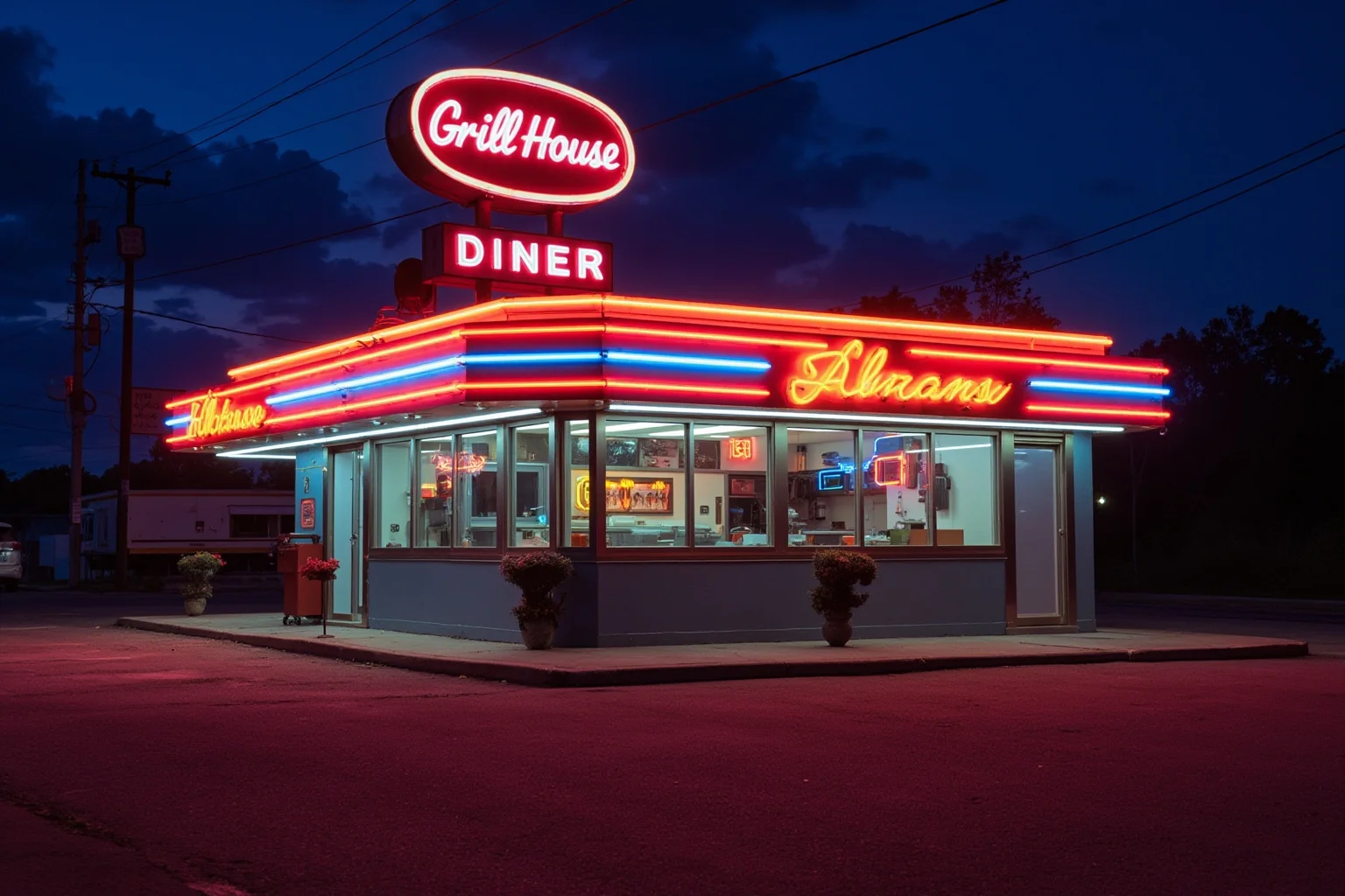 The Oldest Fast Food Chains in the World: A Full History 19 A small 1940s roadside diner called a grill house with a simple neon sign, vintage style