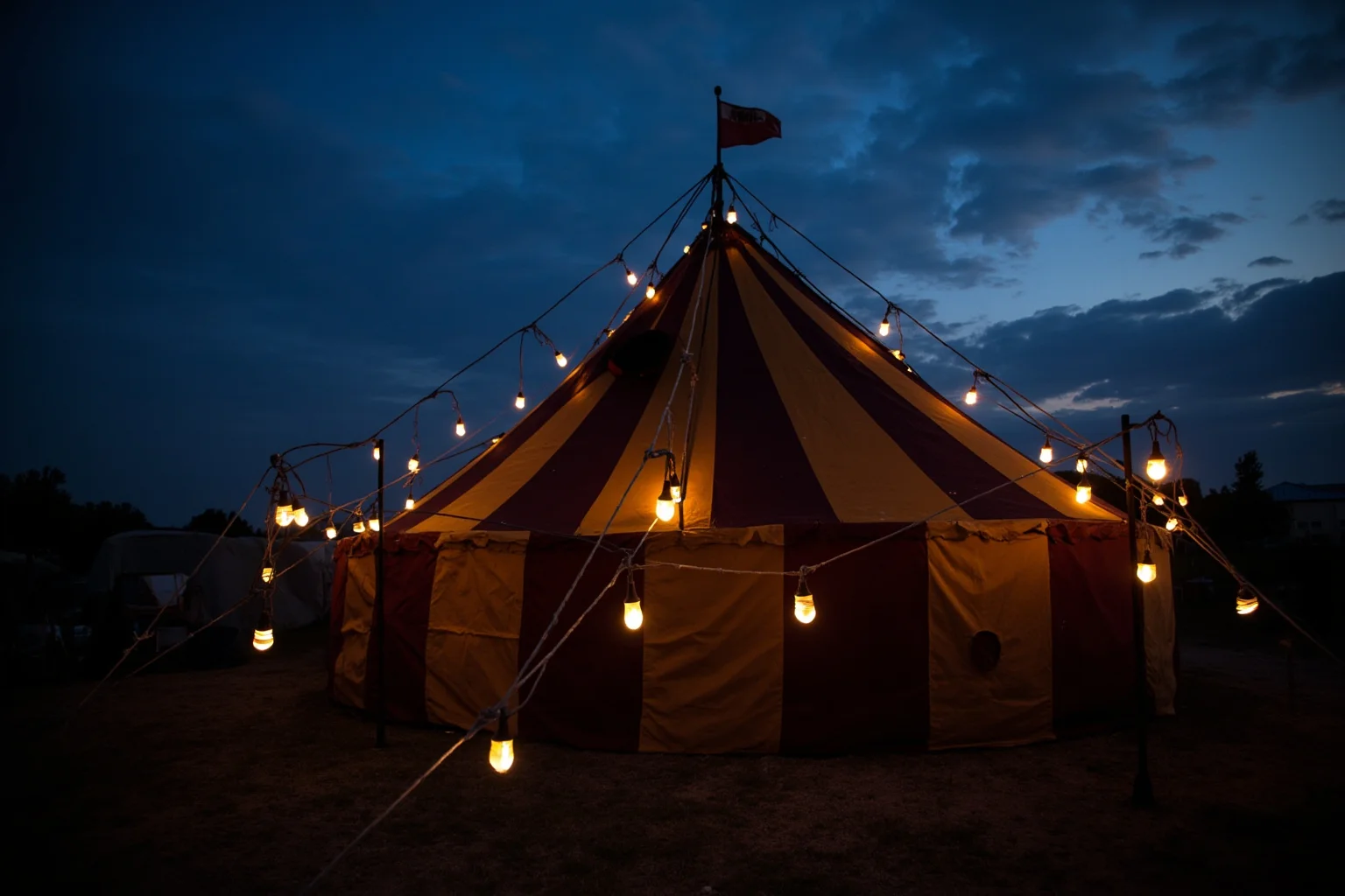 A small 19th-century circus tent lit by lanterns at dusk, evoking the world of early American showmanship