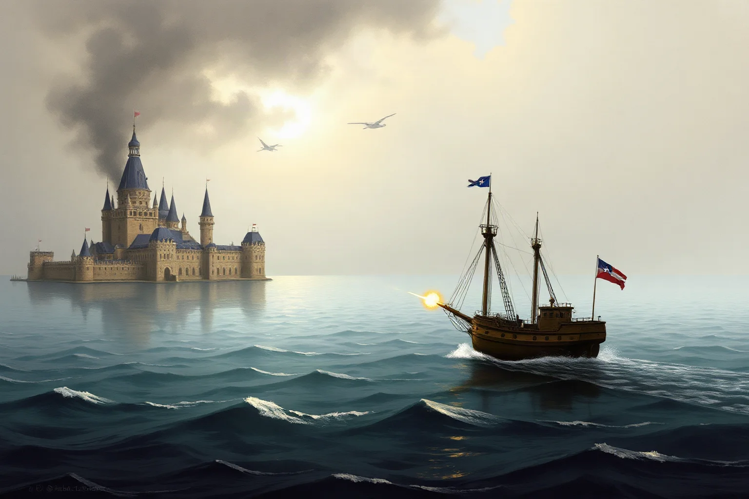 A small 19th-century naval ship firing on a coastal palace, calm ocean, dramatic but non-graphic historical illustration