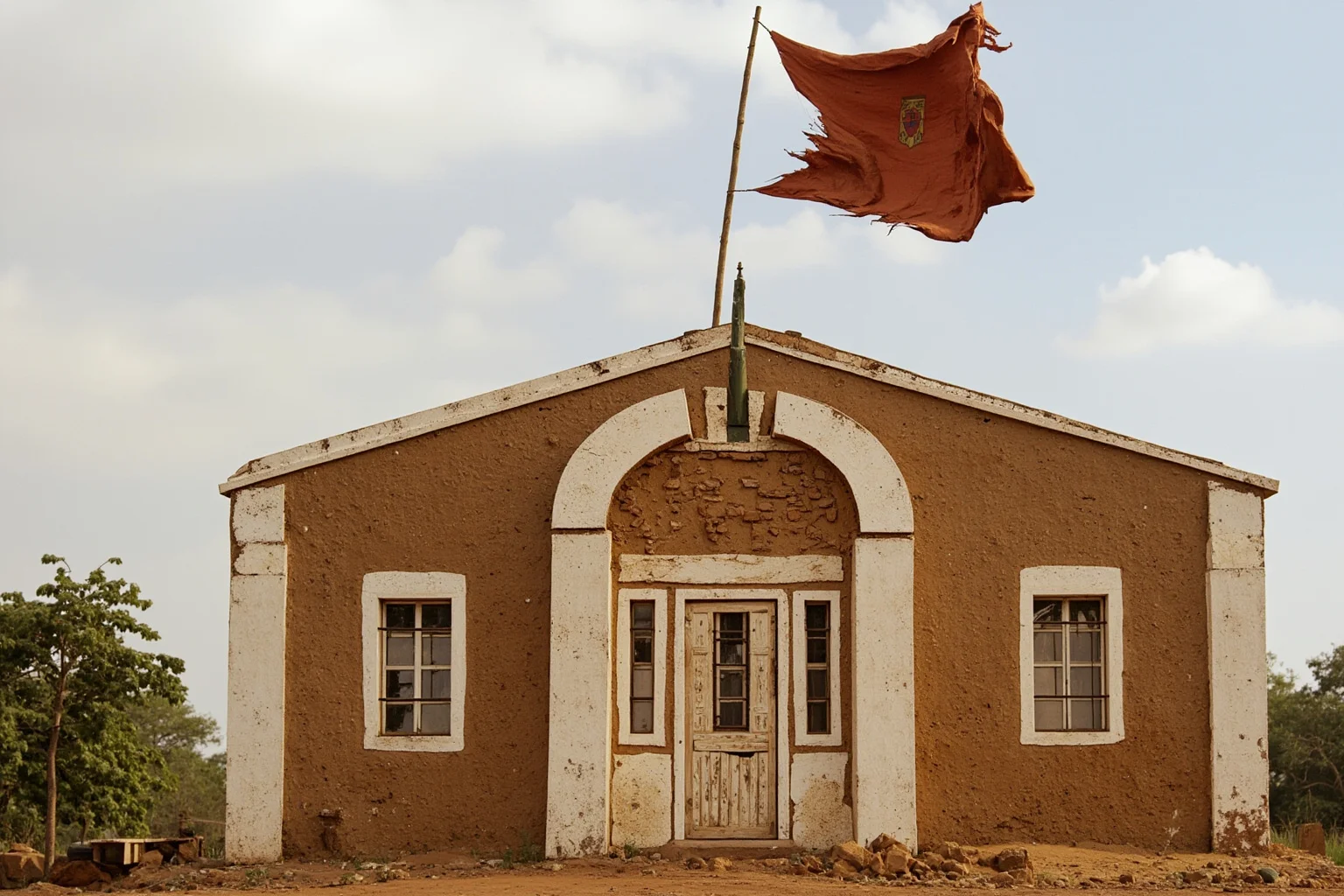 Empires That Fell Slowly—and 20 That Collapsed Overnight 22 A small African government building with a torn imperial flag, symbolizing a short-lived empire