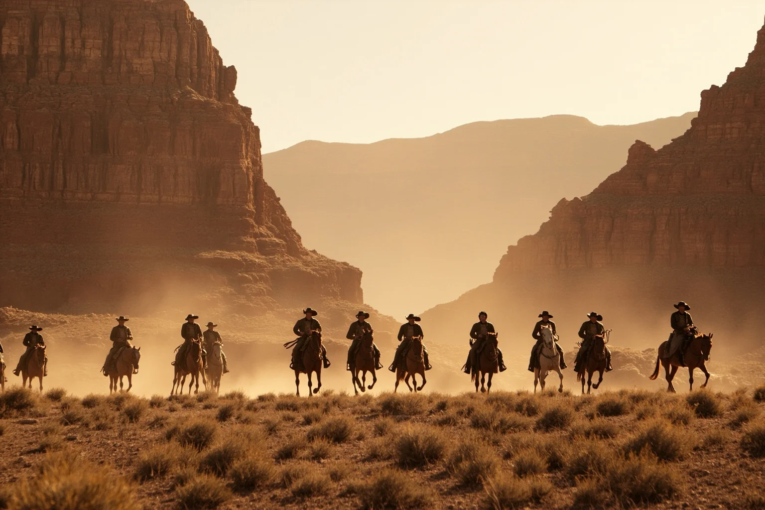 22 Inspiring Stories From Native American History 9 A small band of Apache riders moving through a desert canyon landscape