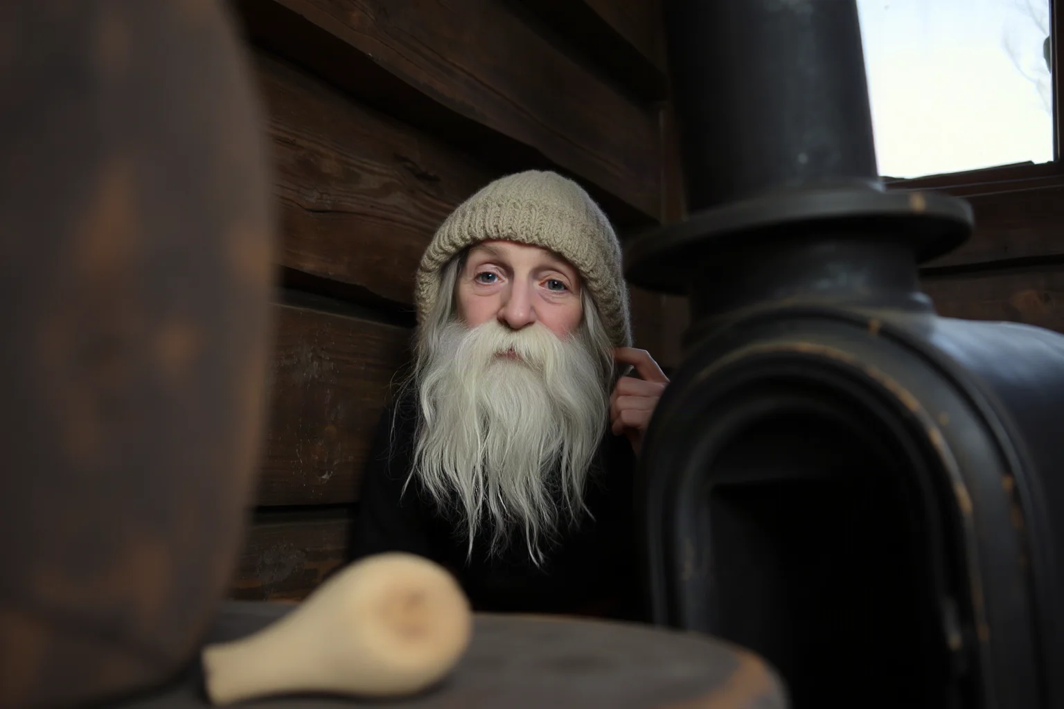 A small bearded elderly spirit peeking out from behind an old wood stove in a rustic Slavic cottage