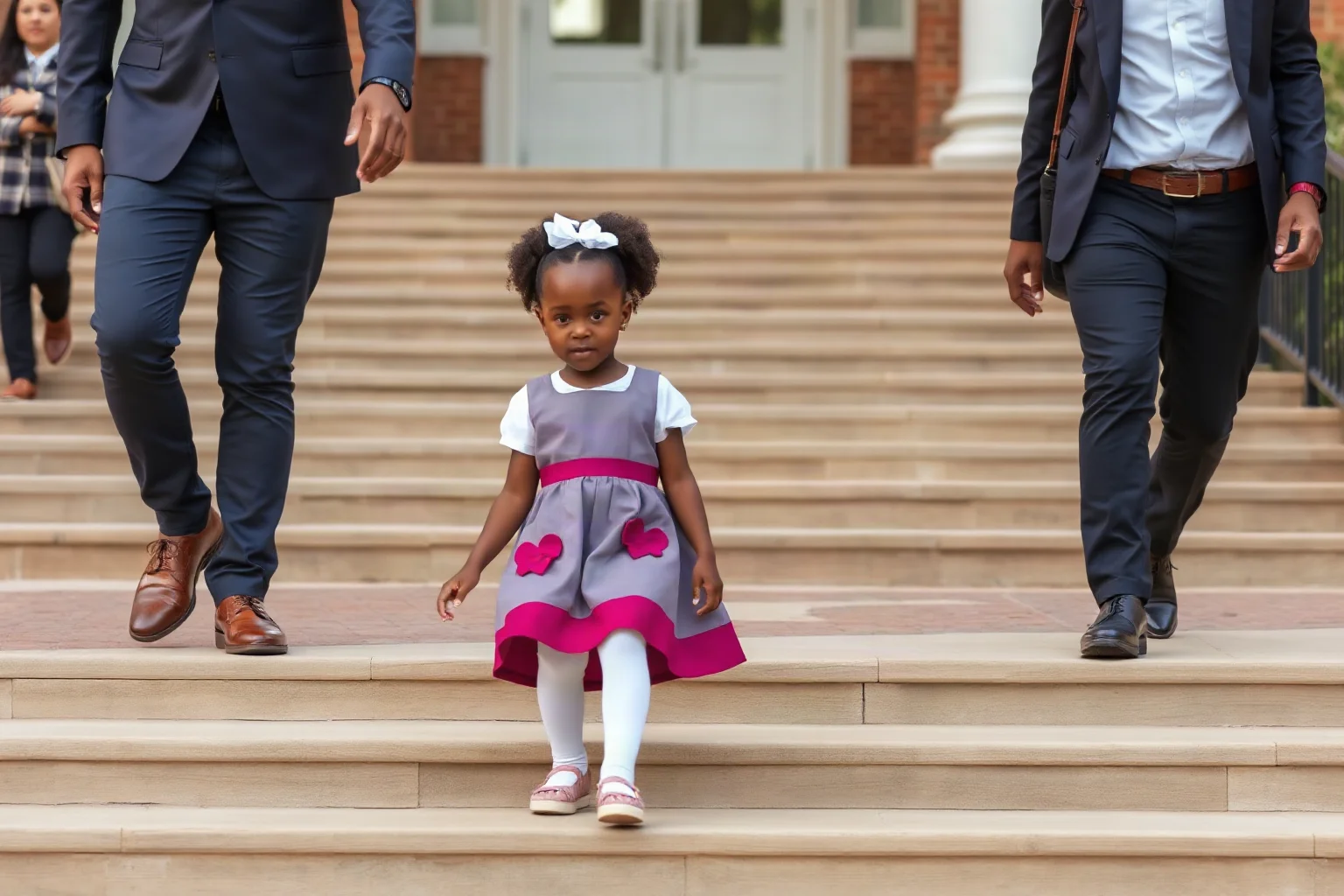A small Black girl in a school dress walking confidently up school steps flanked by tall adult escorts