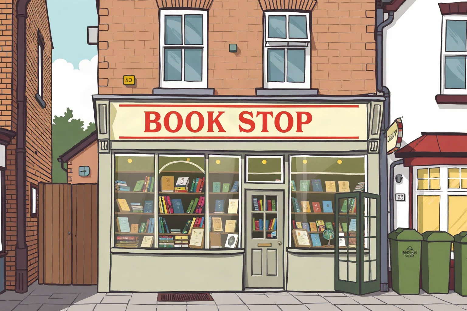A small bookshop storefront in 1960s London suburb, vintage illustration style
