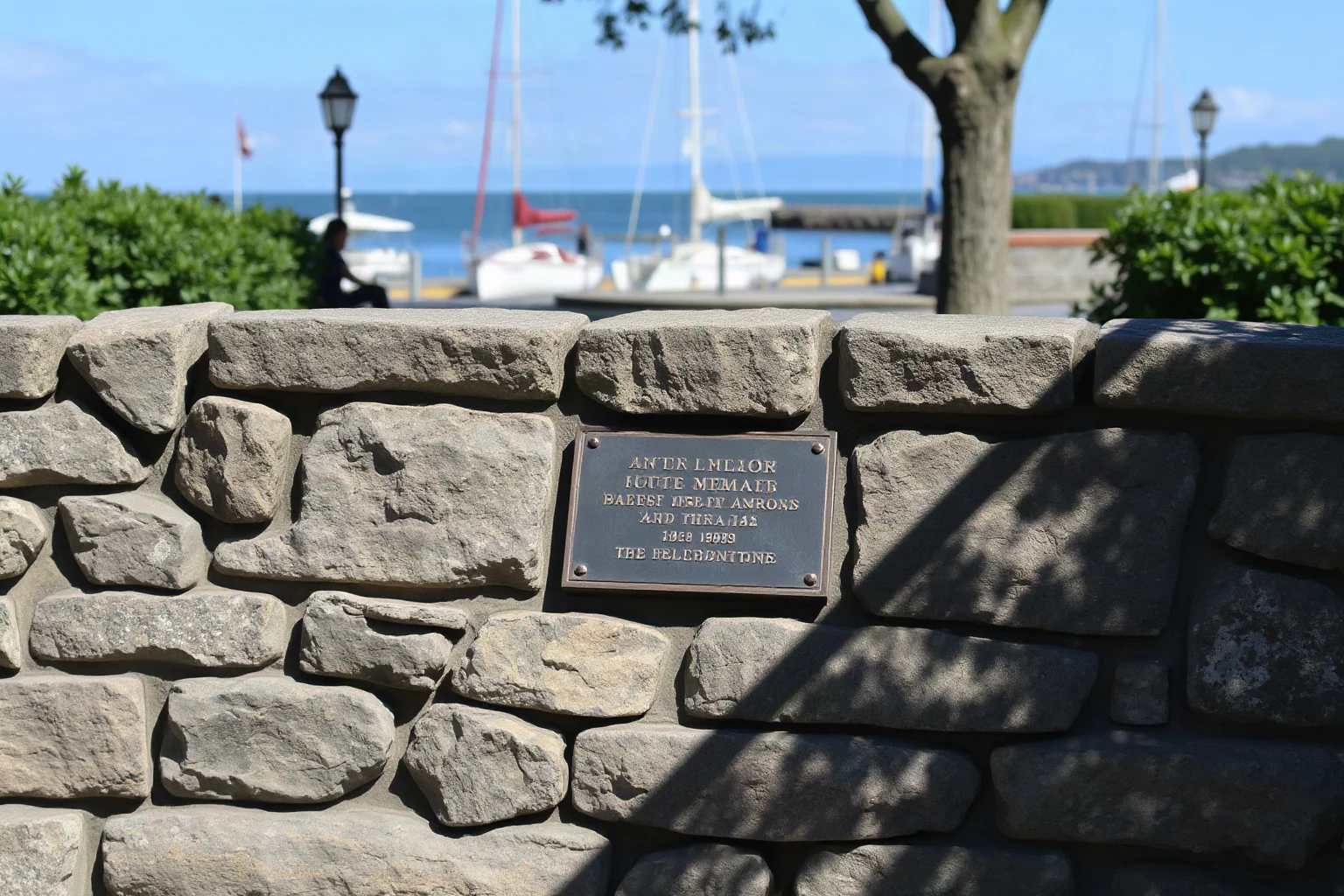 A small bronze memorial plaque set in a stone wall in a quiet harborside park, with sailboats visible in the background
