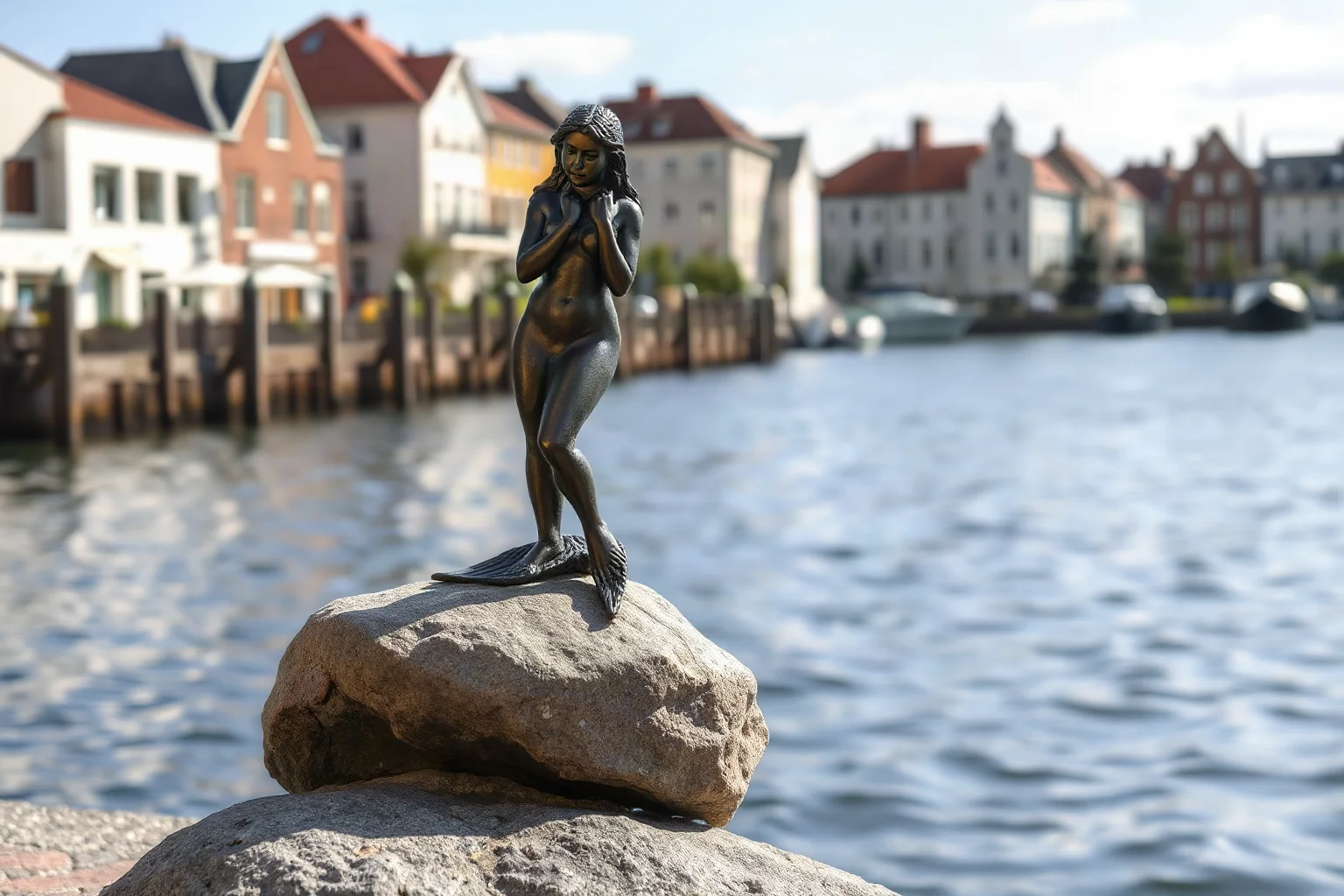 A small bronze mermaid statue perched on a rock along a calm harbor waterfront