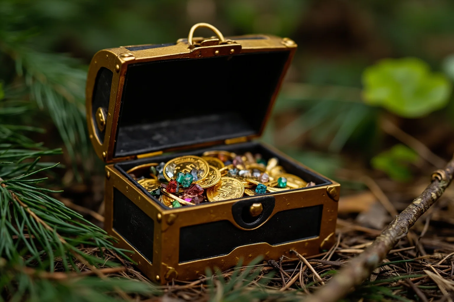 Missing Legendary Treasures That Are Yet to Be Found 22 A small bronze treasure chest filled with gold coins and jewels, resting among pine needles in a forest