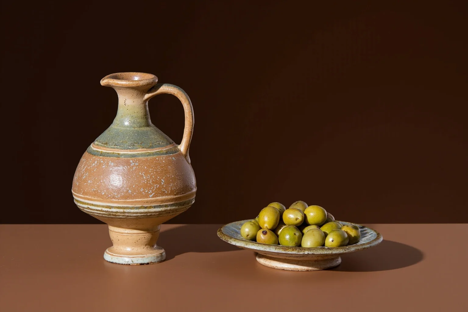 Ancient Greek Diet: 20 Foods Ancient Greeks Ate on a Daily Basis 4 A small ceramic dish of brined olives beside a clay jug, ancient Greek still life style