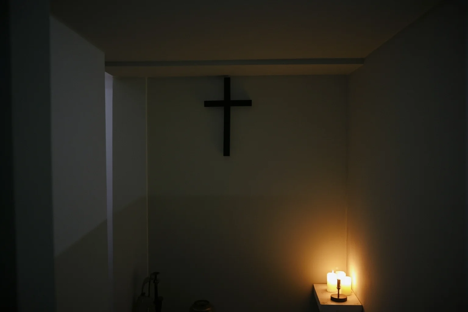 25 Disturbing Last Words By Notorious Criminals 12 A small chapel room inside a prison with a simple cross on the wall, soft candlelight, peaceful yet somber mood