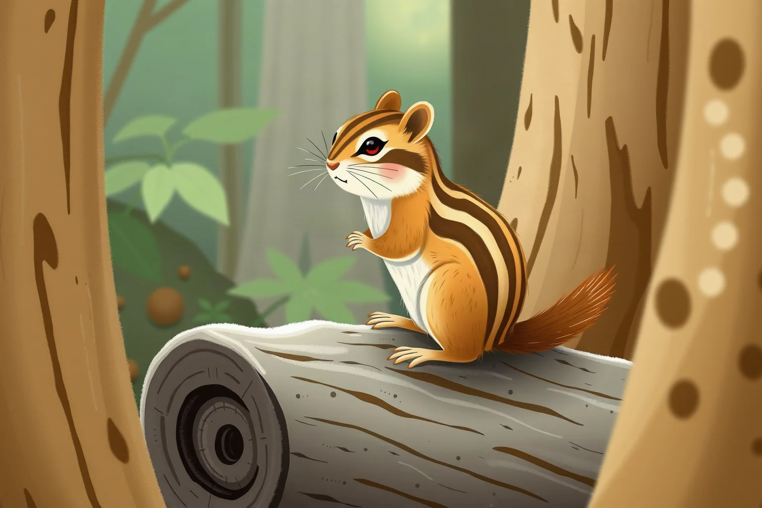 A small chipmunk with striped fur sitting on a forest log, gentle folklore illustration style
