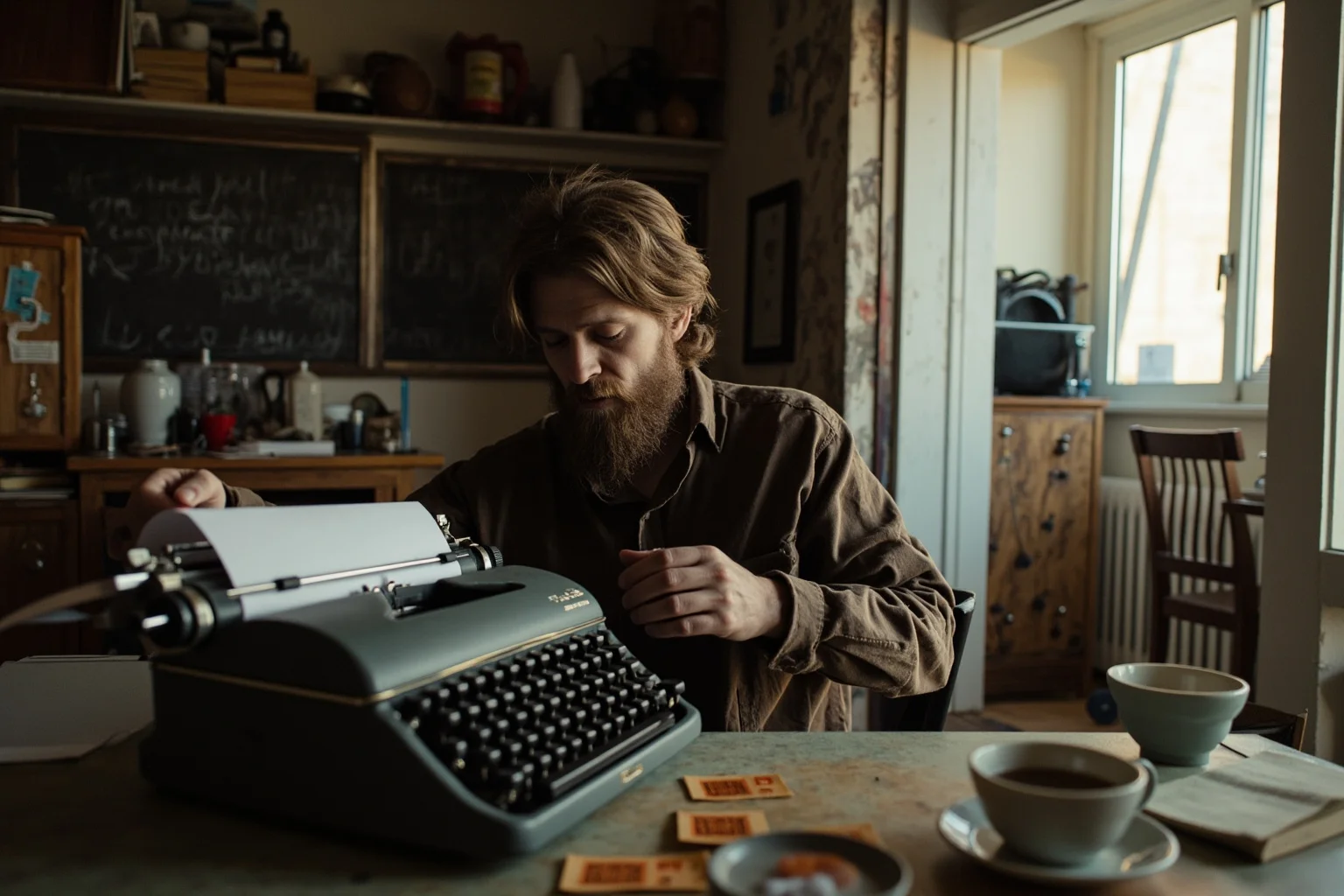 A small cluttered apartment with a typewriter on a kitchen table and a cup of tea, evoking a determined single parent writing