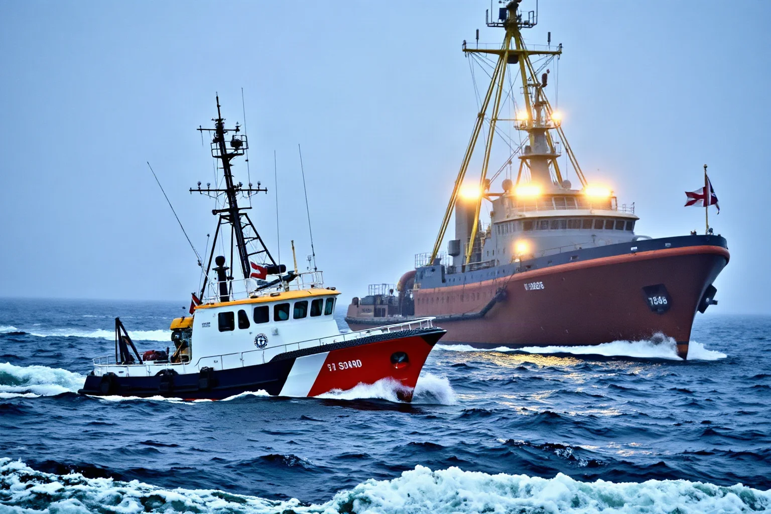 A small coast guard vessel confronting a large fishing trawler in cold rough North Atlantic waters