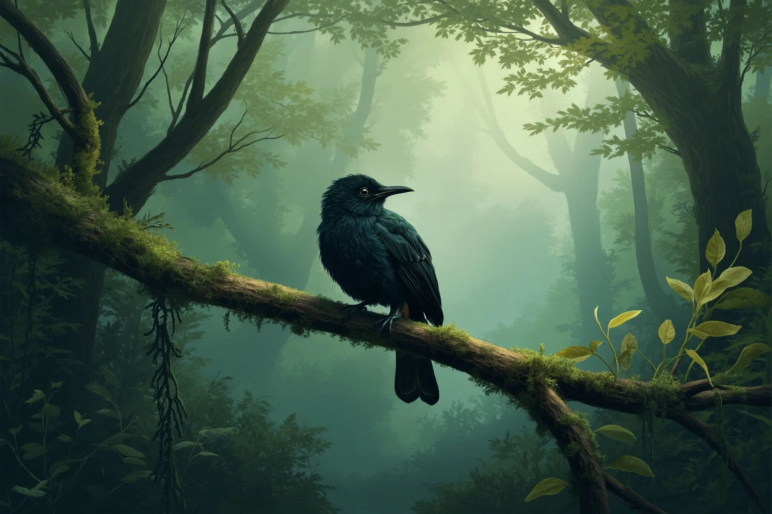 Recently Extinct Animals: A Complete List From the Last 10–20 Years 5 A small dark Hawaiian honeyeater bird sitting on a mossy branch in misty forest, illustrative wildlife art style
