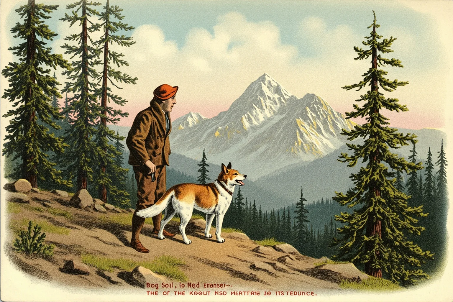 Pooches of the Past: 23 Extinct Dog Breeds and Their Stories 23 A small determined dog standing beside a hunter on a forested mountainside in the Canadian Rockies, vintage illustration