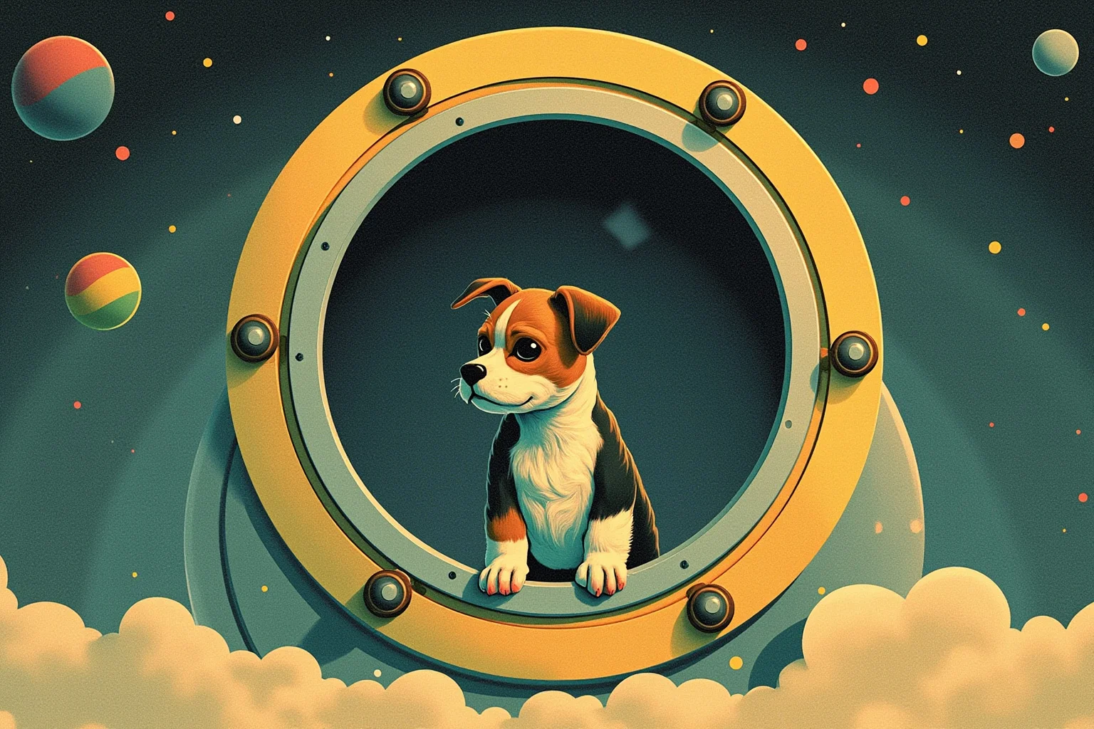 22 Animal Heroes Who Changed Human History 15 A small dog inside a retro Soviet-era space capsule window, illustrative style