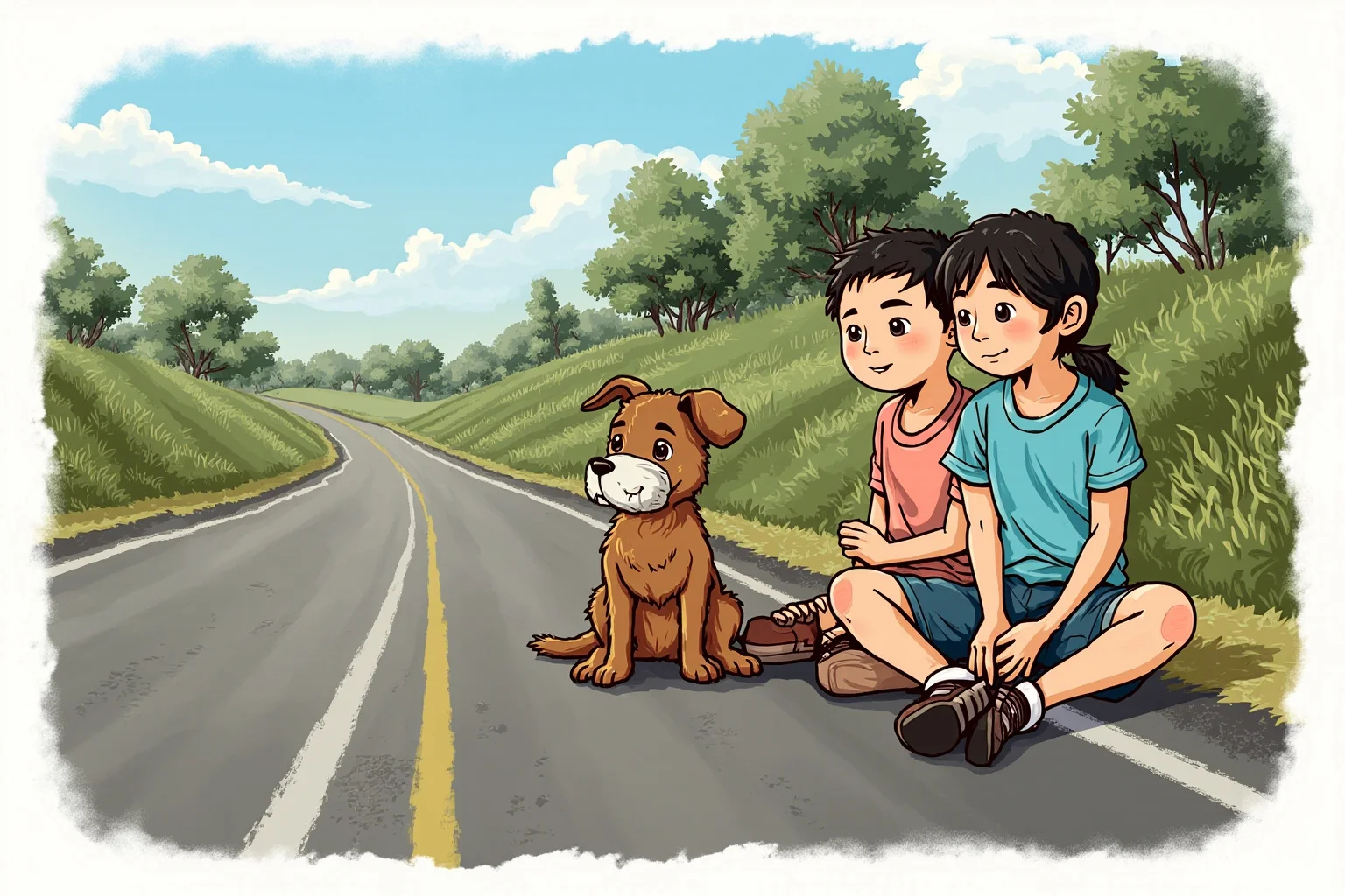 22 Animal Heroes Who Changed Human History 23 A small dog with a bandaged snout sitting beside two children on a rural Philippine road, illustrative style