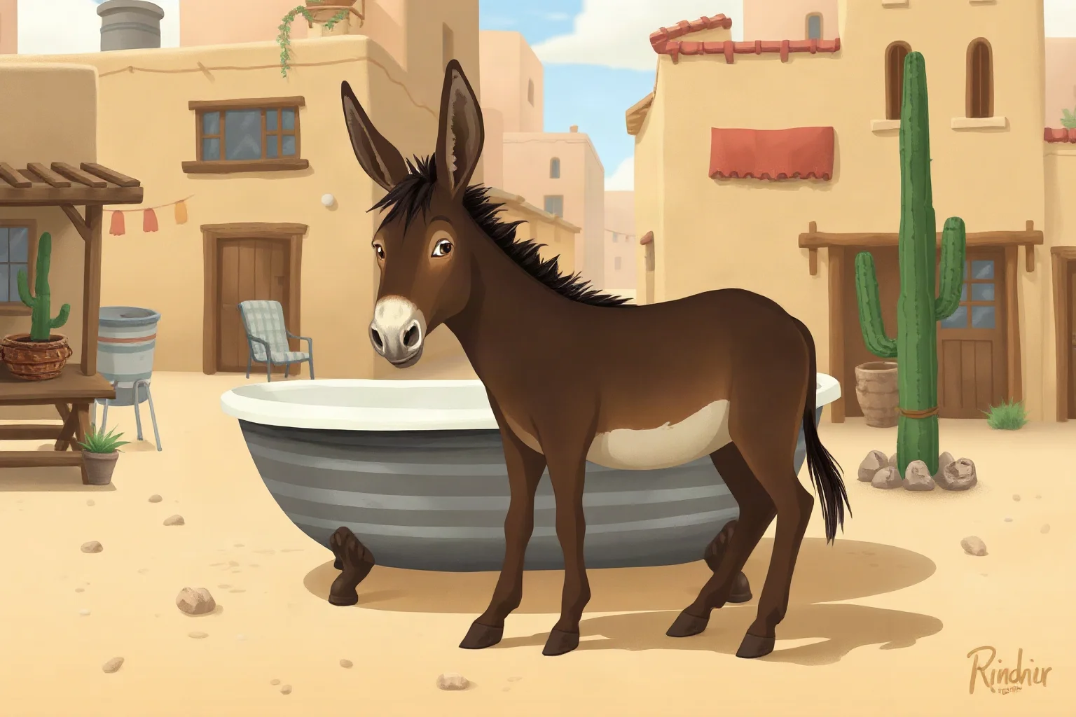 A small donkey standing beside an old-fashioned bathtub outdoors in a dusty desert town, whimsical illustration