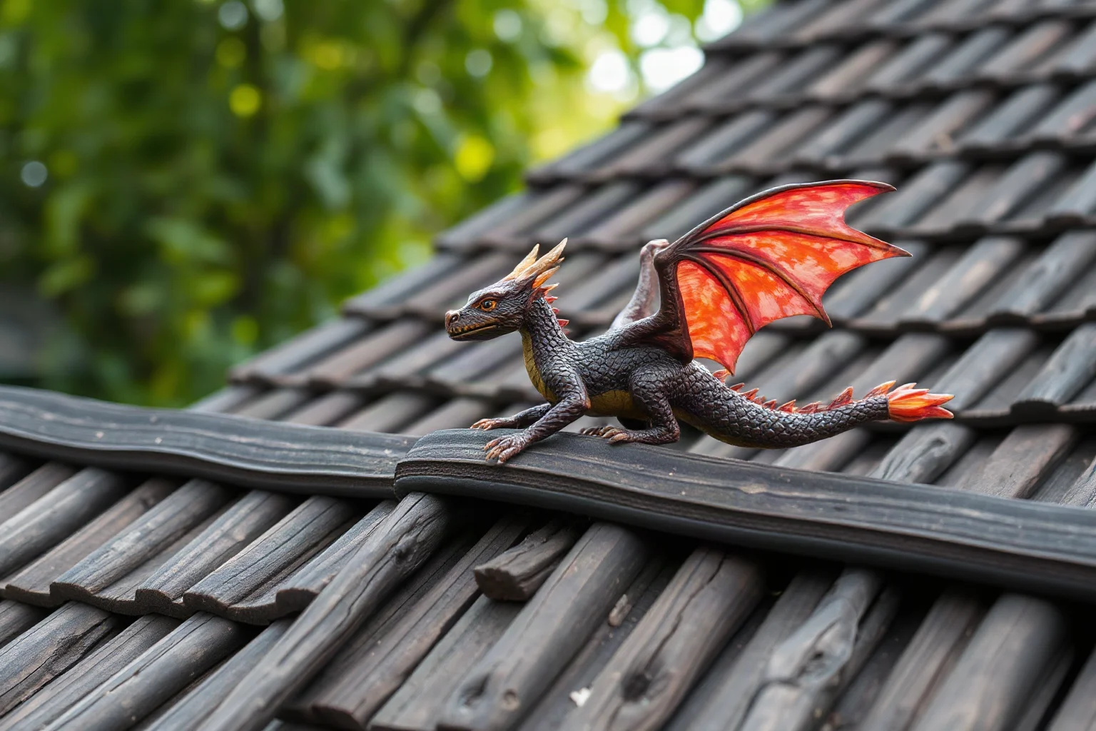 A small dragon-like household spirit with a fiery tail perched on a wooden Baltic farmhouse roof