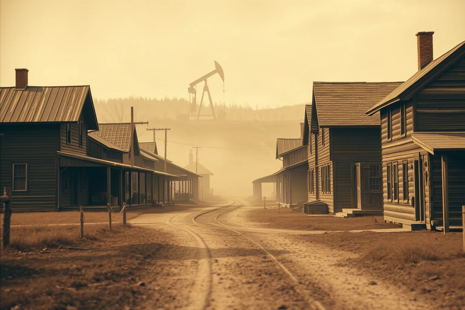 A small, dusty early 1900s Pennsylvania farm town with wooden houses and a distant oil derrick, warm sepia tone