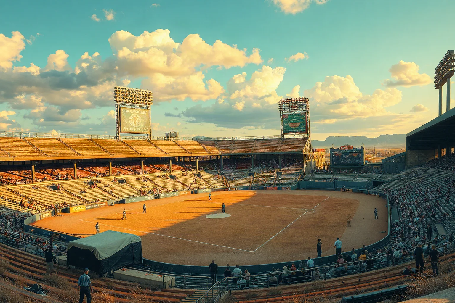 A small dusty minor league ballpark with a handful of spectators, vintage illustration, late afternoon light