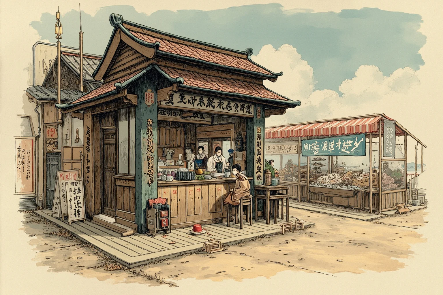 The Oldest Fast Food Chains in the World: A Full History 5 A small early 1900s Japanese beef bowl stall near a fish market, illustrated in a nostalgic style