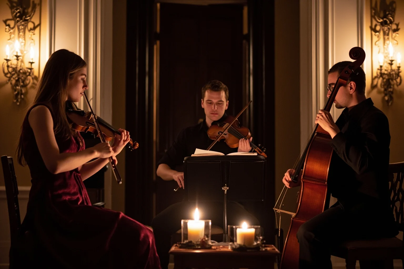 A small elegant string ensemble performing serenade music in a candlelit 18th-century parlor