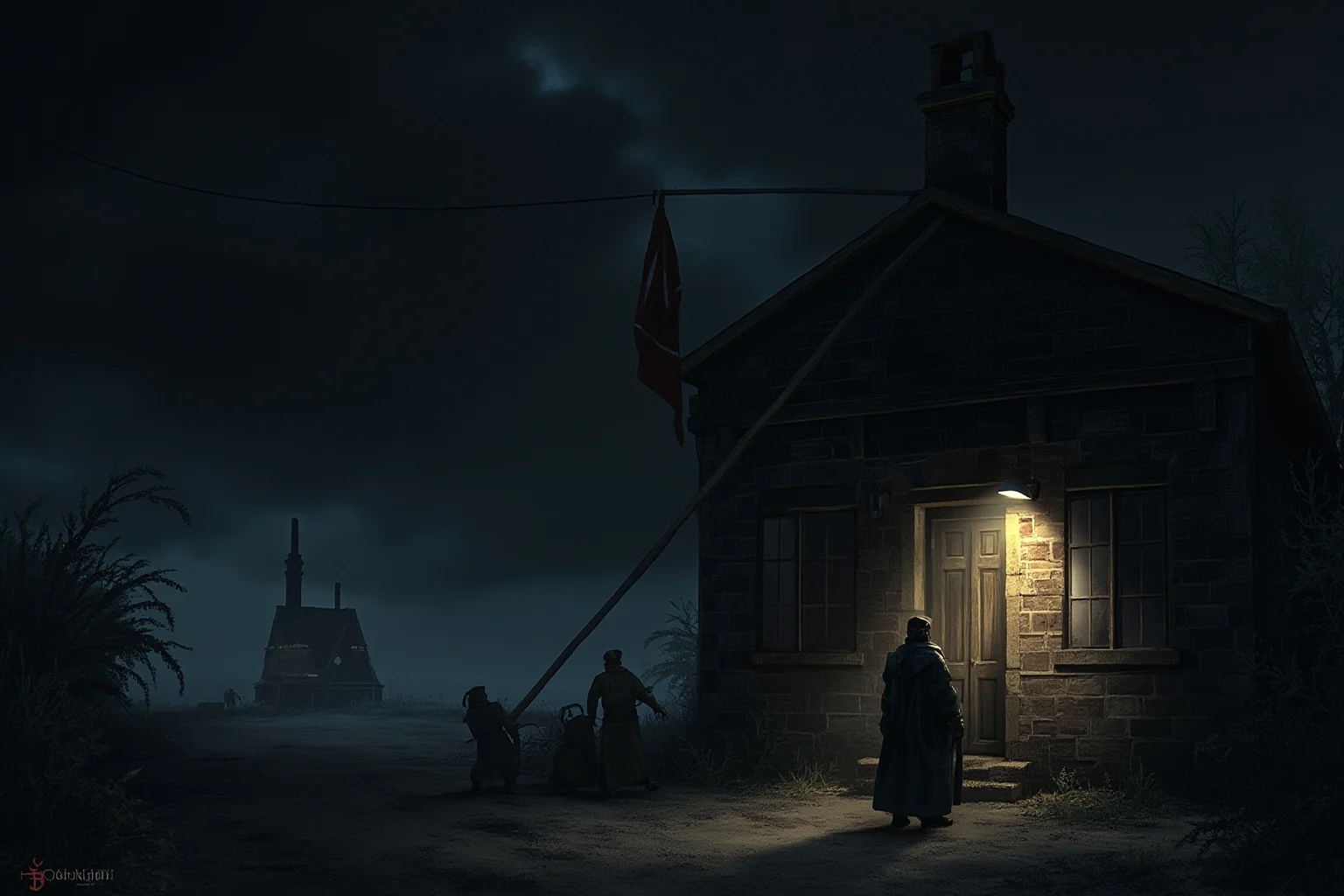 False Flag Operations That Quietly Changed World History 7 A small European radio station building at night with shadowy figures near the entrance, dramatic historical illustration