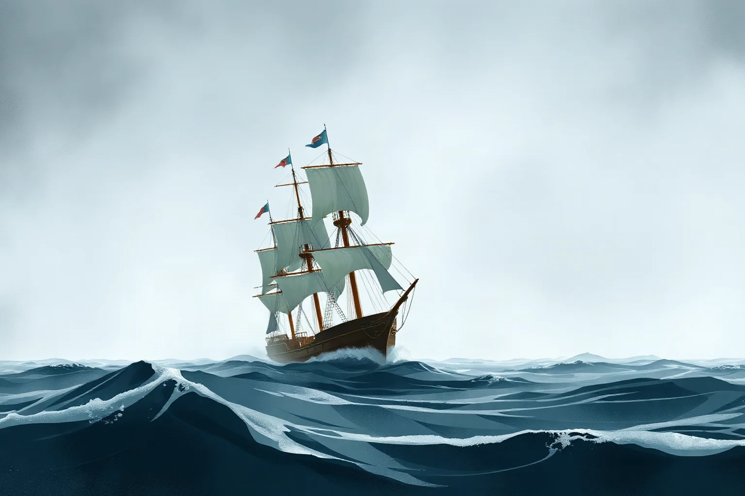 A small European sailing ship reaching a foggy North Atlantic coastline, illustrated historical style