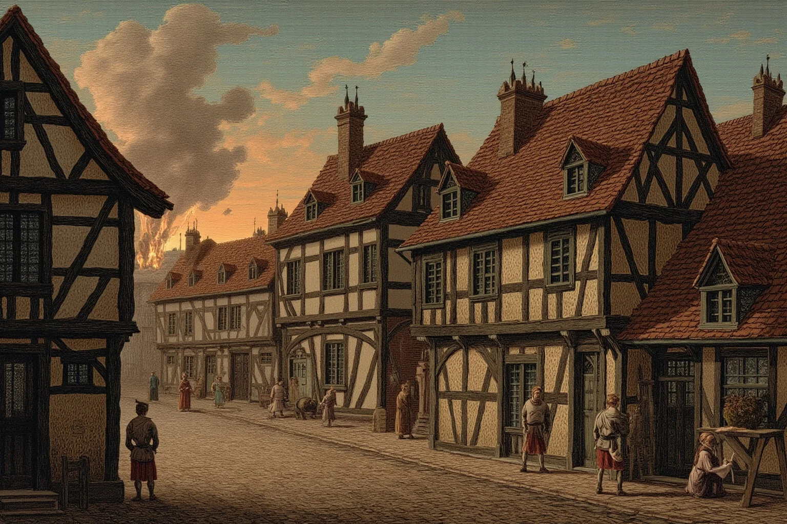 A small European town square with timber-frame buildings and a distant fire glow, 16th-century historical illustration