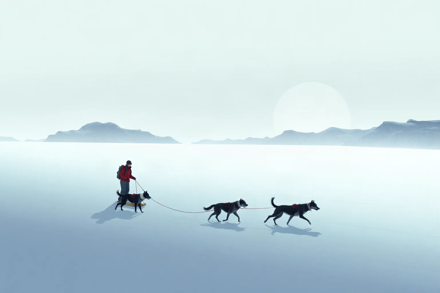 A small expedition team with sled dogs crossing a vast snowy polar landscape under a pale sky, illustrated historical style