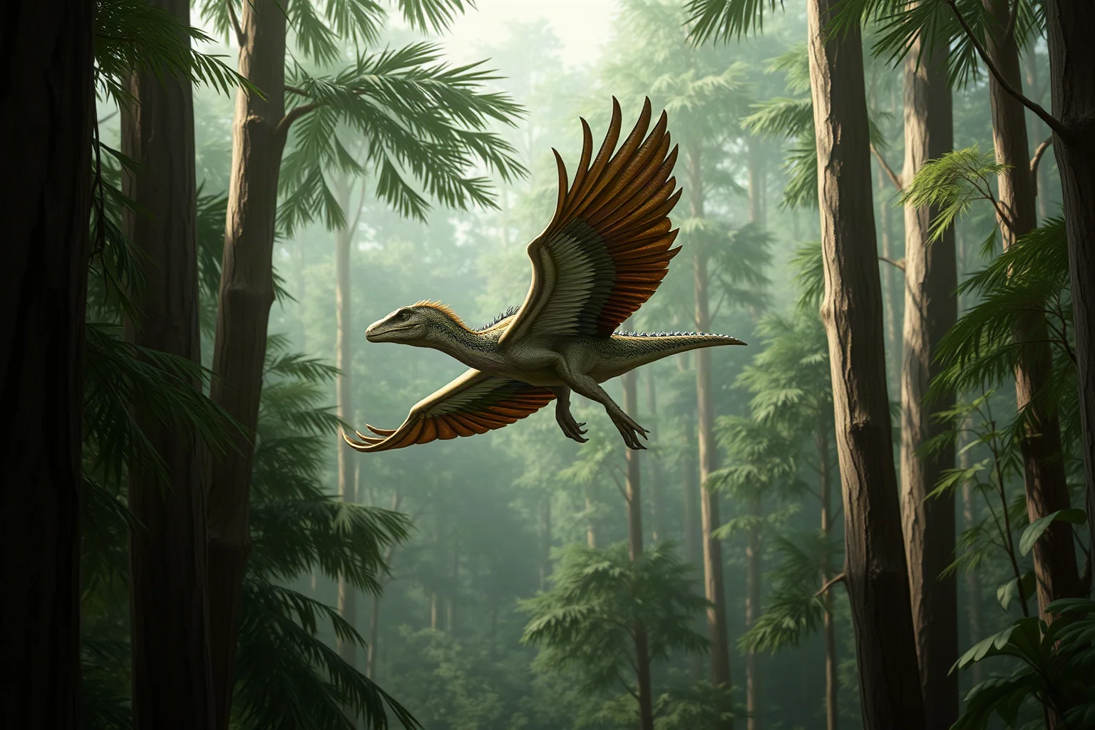 A small feathered Microraptor gliding between trees in a Cretaceous forest, realistic paleoart style