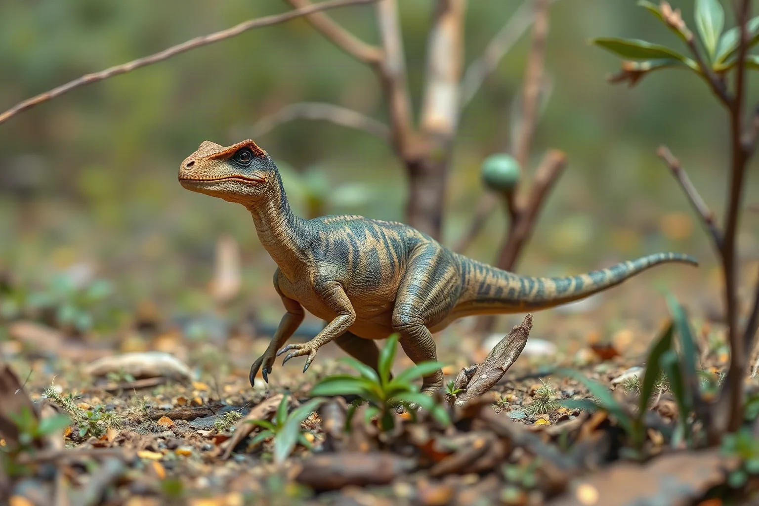 A small, feathered Velociraptor crouched and alert in scrubland, accurate turkey-sized scale, realistic paleoart style