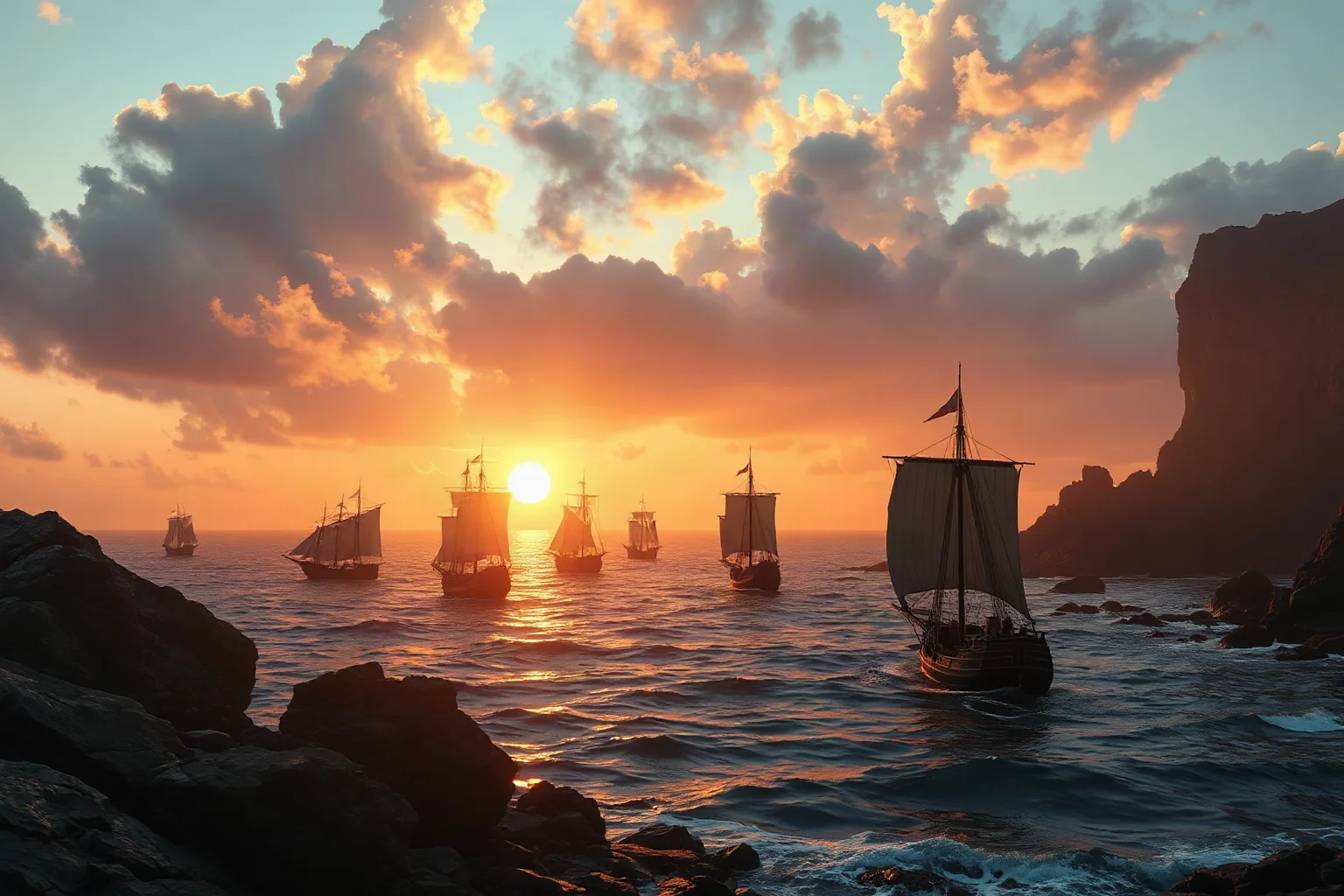 A small fleet of caravel ships departing a rocky Atlantic coastline harbor at dawn