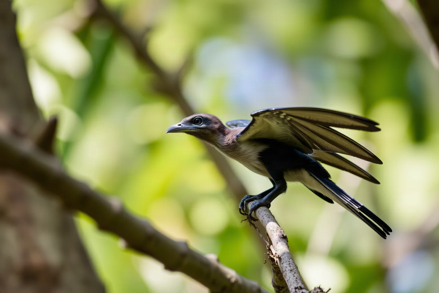A small four-winged feathered Microraptor perched on a tree branch