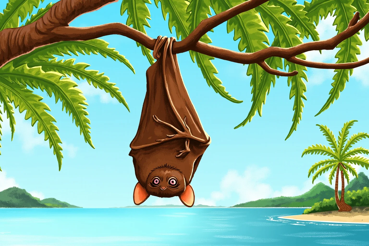 Recently Extinct Animals: A Complete List From the Last 10–20 Years 9 A small fruit bat hanging from a tropical tree branch on a Pacific island, illustrative wildlife art style